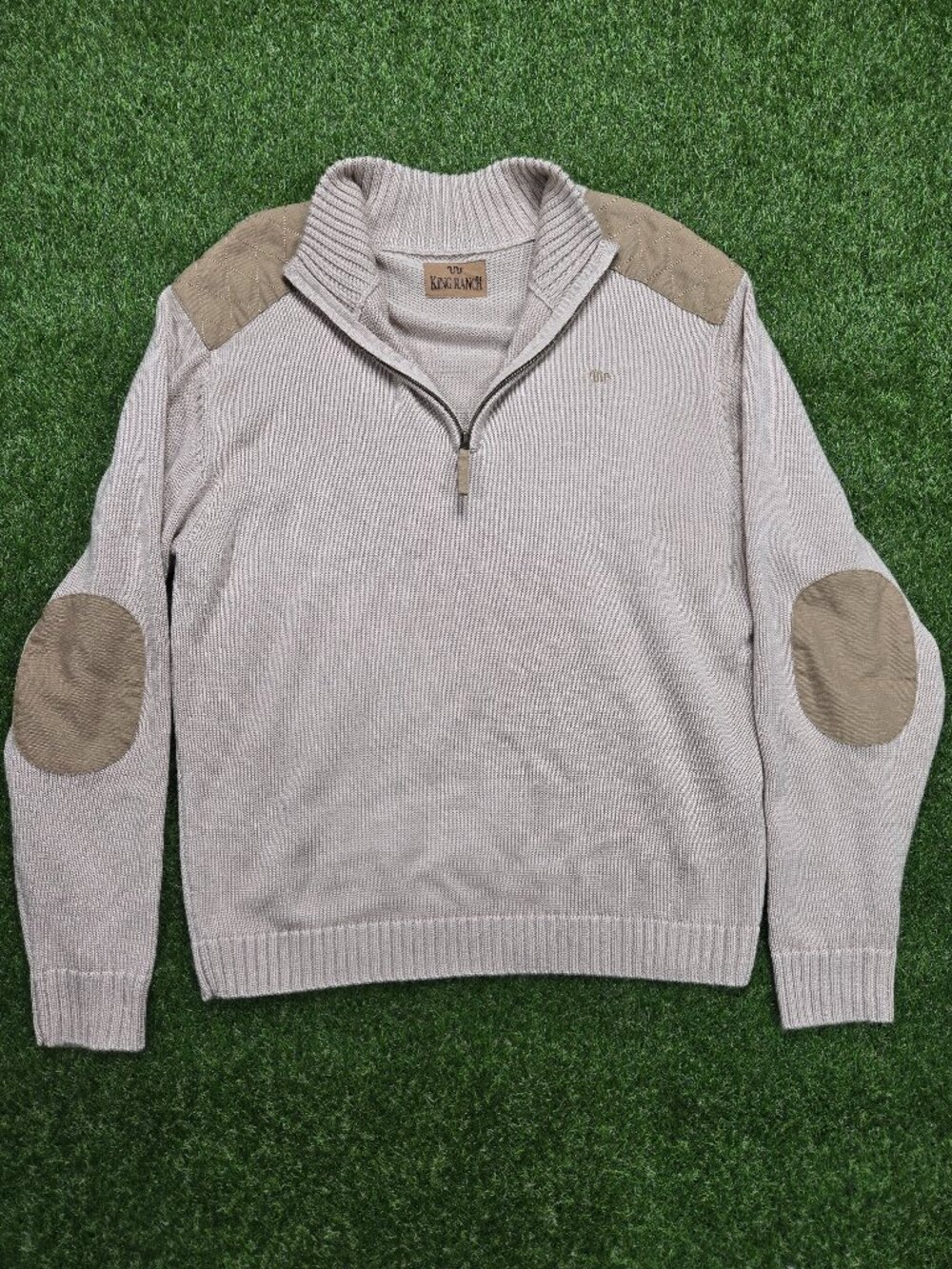 King Ranch 1/4 Zip Sweater Mens 2XL *Fits Like Large* Elbow Patch Beige Knit